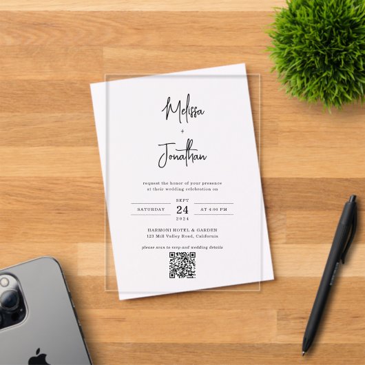 Elegante moderne handgeschreven script QR-code bru Acryl Uitnodigingen (Insitu (Uitnodiging))