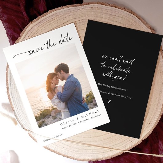 Elegante moderne handgeschreven zwarte en witte tr save the date