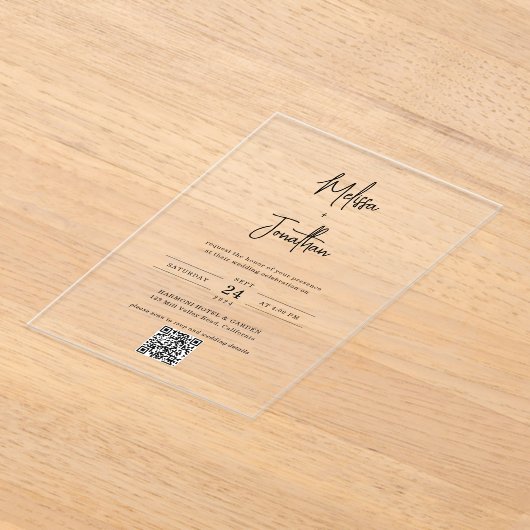 Elegante moderne handschrift script QR code bruilo Acryl Uitnodigingen (Laagn)