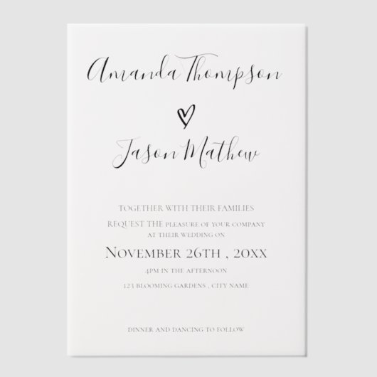 Elegante moderne hart typografie script bruiloft vellum uitnodigingen (Voorkant)