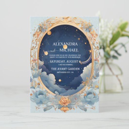 Elegante, moderne hemelse sterrenbeelden bruiloft kaart (Staand voorkant)