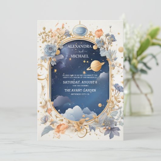 Elegante, moderne hemelse sterrenbeelden bruiloft kaart (Staand voorkant)