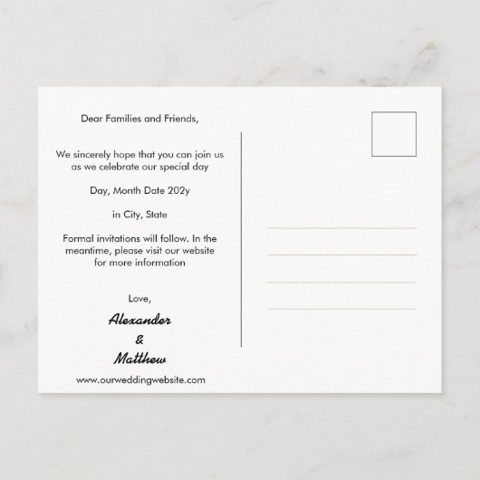 Elegante moderne homo Mannen redden de datum bruil Briefkaart (Achterkant)