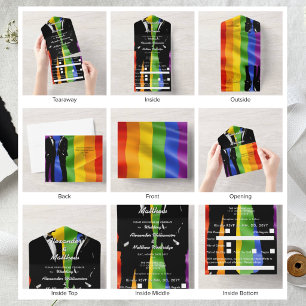 Elegante moderne homoseksuele mannen trouwen regen all in one uitnodiging
