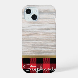 Elegante moderne houten gouden buffel geruite naam iPhone 15 case