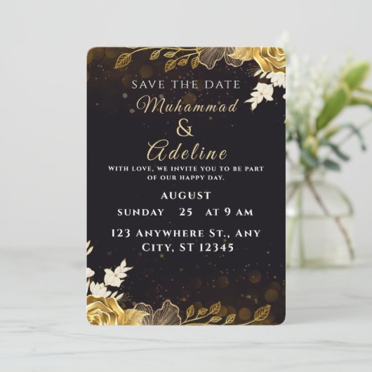 Elegante moderne huwelijksuitnodiging - zwart en w kaart (Staand voorkant)