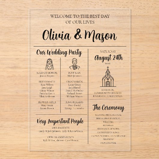 Elegante moderne infographic acryl bruiloft progra acryl uitnodigingen (Voorkant)