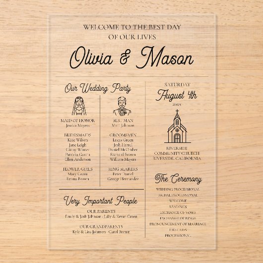 Elegante moderne infographic acryl bruiloft progra acryl uitnodigingen (Voorkant)