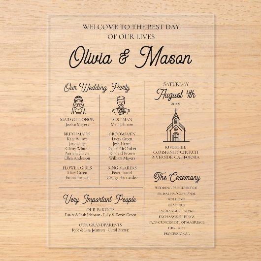 Elegante moderne infographic acryl bruiloft progra uitnodigingen (Voorkant)