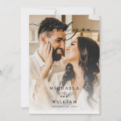 Elegante moderne kalligrafie 2-foto bruiloft bedankkaart (Voorkant)