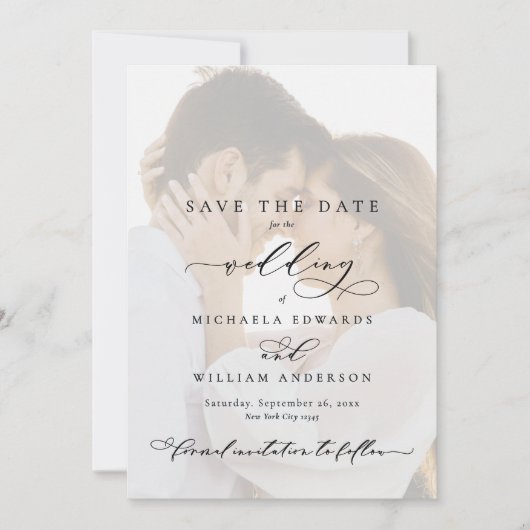 Elegante moderne kalligrafie 2-foto bruiloft save the date (Voorkant)