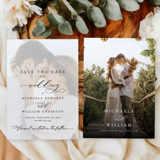 Elegante moderne kalligrafie 2-foto bruiloft save the date