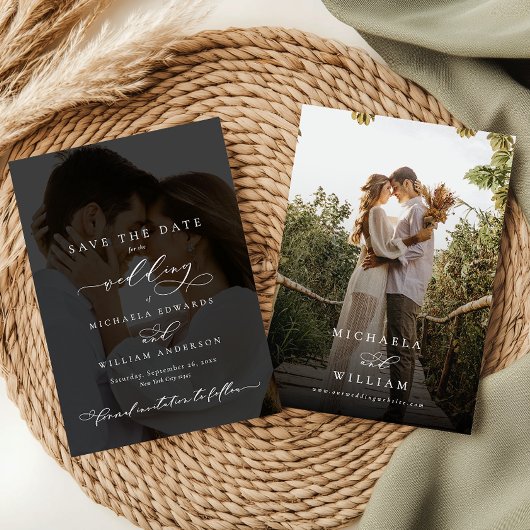 Elegante moderne kalligrafie 2-foto bruiloft save the date