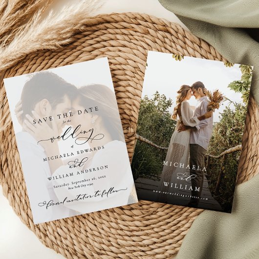 Elegante moderne kalligrafie 2-foto bruiloft save the date