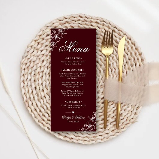 Elegante moderne kalligrafie bloemrijke bordeauxro menu