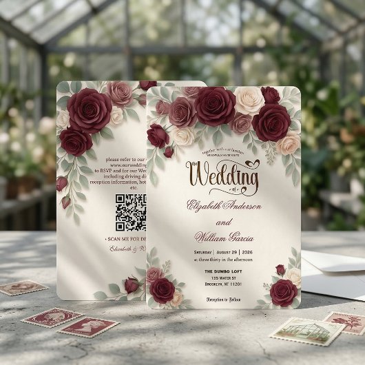 Elegante moderne kalligrafie bordeauxroze QR-code Kaart