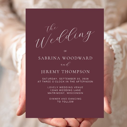 Elegante moderne kalligrafie Bourgondische bruilof Kaart