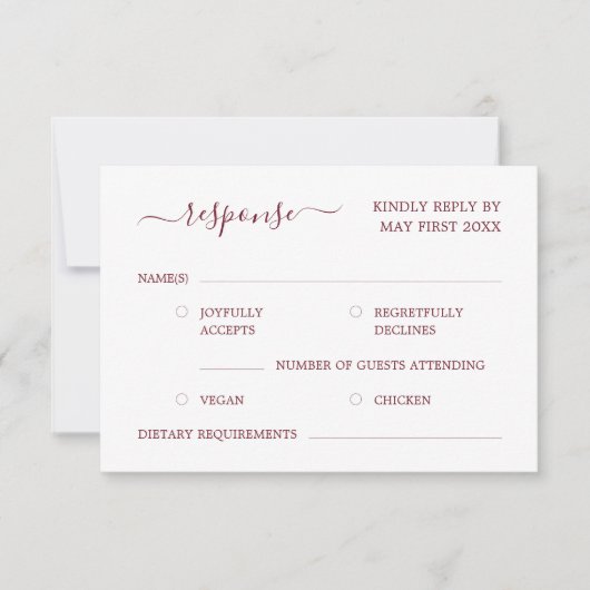 Elegante moderne kalligrafie Bourgondische rode br RSVP Kaartje (Voorkant)