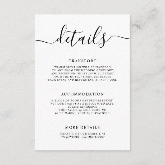 Elegante moderne kalligrafie bruiloft details informatiekaartje (Voorkant)