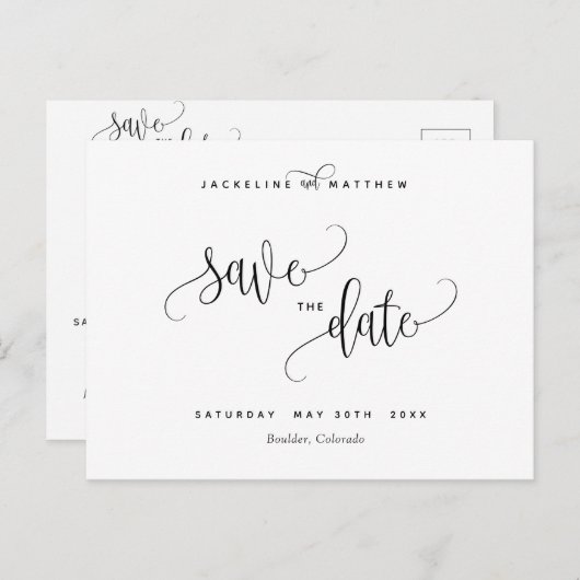 Elegante moderne kalligrafie bruiloft Save the Dat Briefkaart (Voorkant / Achterkant)