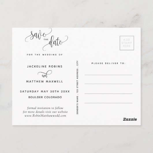 Elegante moderne kalligrafie bruiloft Save the Dat Briefkaart (Achterkant)