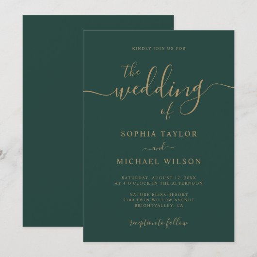 Elegante moderne kalligrafie Emerald & Gold Weddin Kaart (Voorkant / Achterkant)