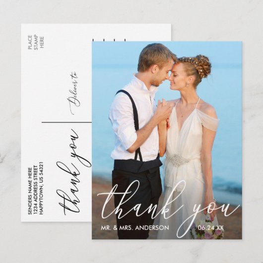 Elegante moderne kalligrafie foto bruiloft dank u briefkaart (Voorkant / Achterkant)