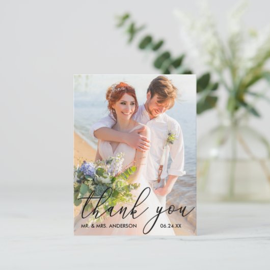 Elegante moderne kalligrafie huwelijksfoto dank je briefkaart (Staand voorkant)