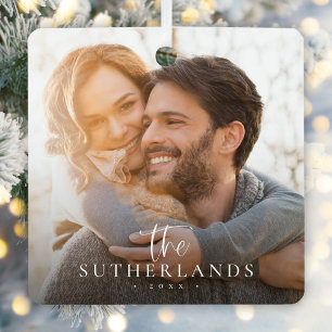 Elegante moderne kalligrafie Kerstmis Familie Foto Metalen Ornament