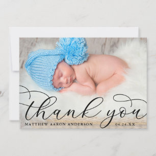 Elegante moderne kalligrafie nieuwe baby foto b bedankkaart