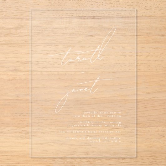 Elegante moderne kalligrafie romige bruiloft acryl uitnodigingen (Voorkant)