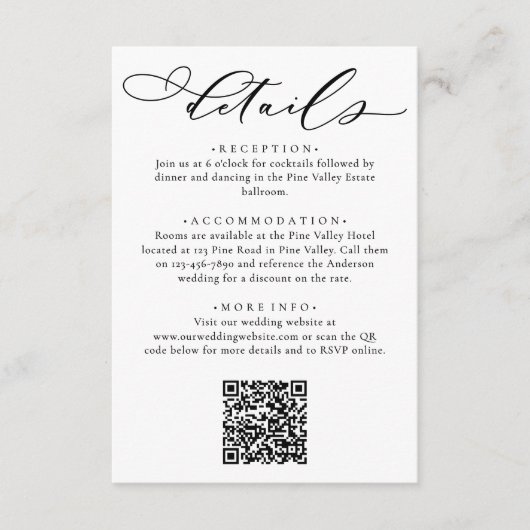 Elegante moderne kalligrafie script bruiloft detai informatiekaartje (Voorkant)