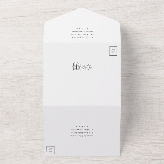 Elegante moderne kalligrafie script foto bruiloft all in one uitnodiging (Buitenkant)