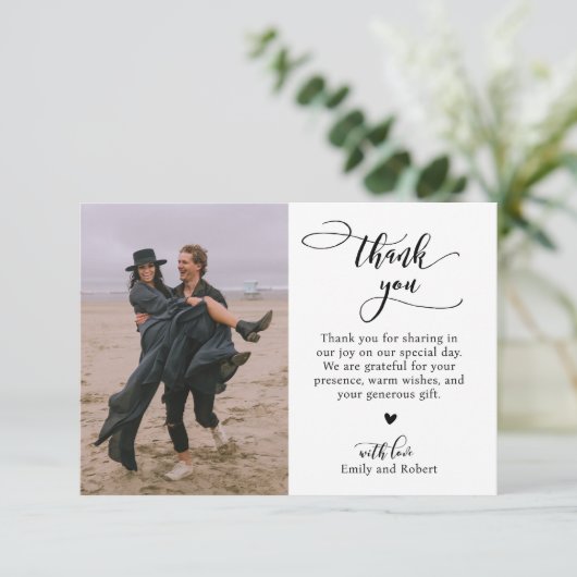 Elegante moderne kalligrafie script foto bruiloft bedankkaart (Staand voorkant)