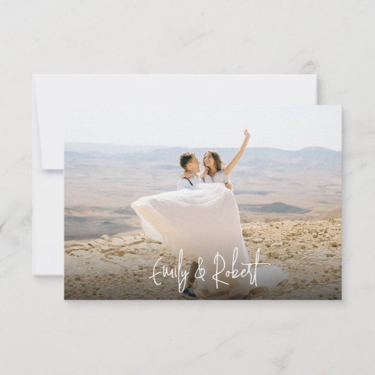 Elegante moderne kalligrafie script foto bruiloft bedankkaart (Achterkant)