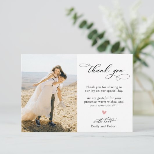 Elegante moderne kalligrafie script foto bruiloft bedankkaart (Staand voorkant)