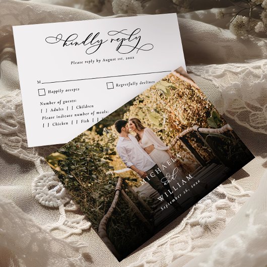 Elegante moderne kalligrafie script foto bruiloft RSVP kaartje