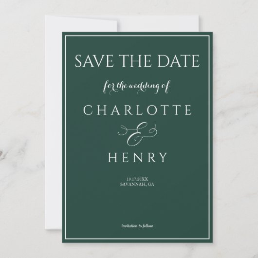 Elegante moderne kalligrafie script smaragd groen save the date (Voorkant)