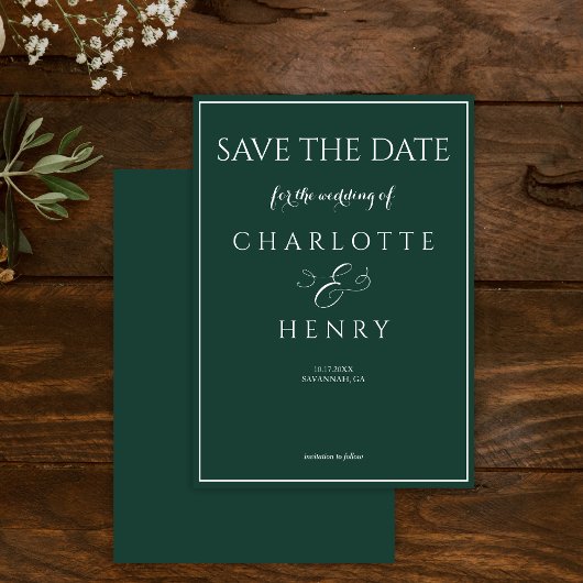 Elegante moderne kalligrafie script smaragd groen save the date
