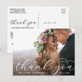 Elegante moderne kalligrafie trouwfoto dankjewel briefkaart (Voorkant / Achterkant)