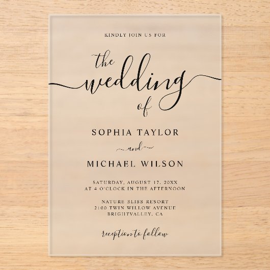 Elegante moderne kalligrafie zwart & wit bruiloft acryl uitnodigingen (Voorkant)