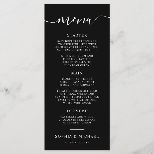 Elegante moderne kalligrafie zwart wit bruiloft menu (Voorkant)