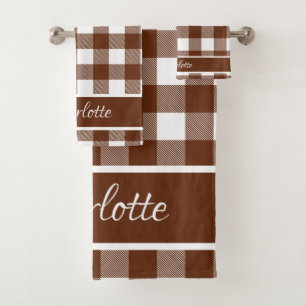 Elegante Moderne Kaneel Bruine Witte Buffalo Ruite Bad Handdoek