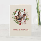 Elegante moderne kerst krans crème foto feestdagen kaart (Voorkant)