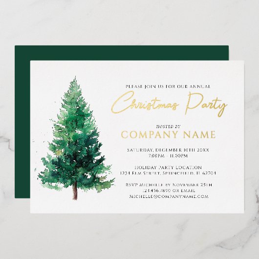 Elegante moderne kerstboom bedrijfsfeest folie uitnodiging (Voorkant / Achterkant)