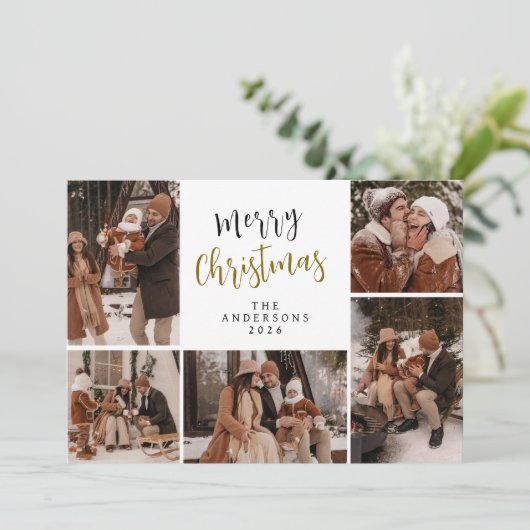 Elegante moderne kerstfamilie 5 foto feestdagenkaart (Staand voorkant)