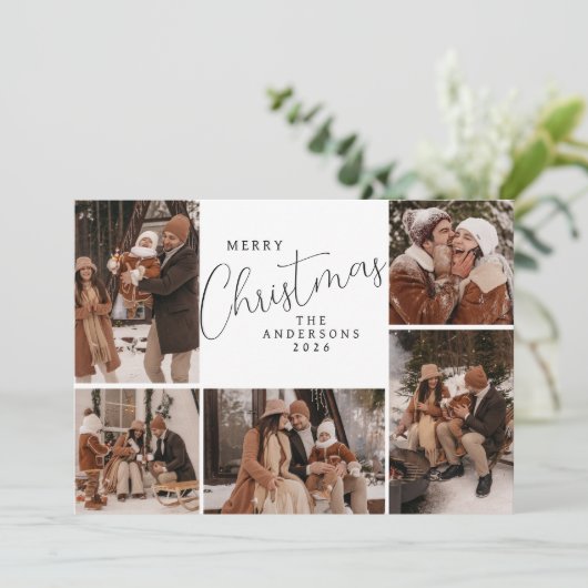 Elegante moderne kerstfamilie 5 foto feestdagenkaart (Staand voorkant)