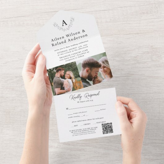 Elegante Moderne Klassieke Monogram Foto Bruiloft All In One Uitnodiging (Afscheurbaar)
