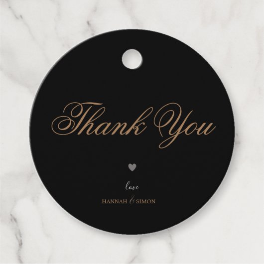 Elegante moderne klassieke zwart gouden bruiloft bedankjes labels (Voorkant)