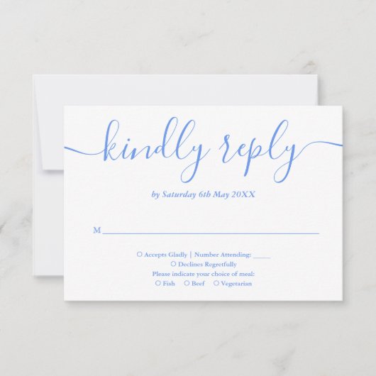 Elegante moderne korenbloem blauw script RSVP kaartje (Voorkant)